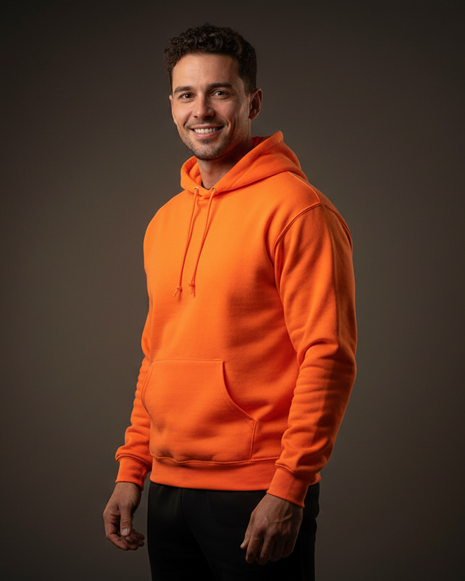 NuBlend hooded sweatshirt in safety orange, a blank hoodie for custom logo printing