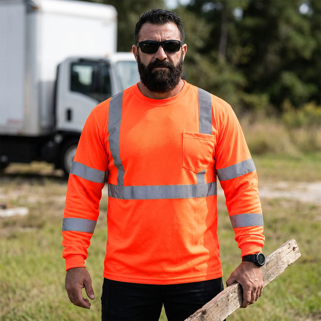 Worker in ANSI hi-vis orange long sleeve reflective safety shirt on a job site