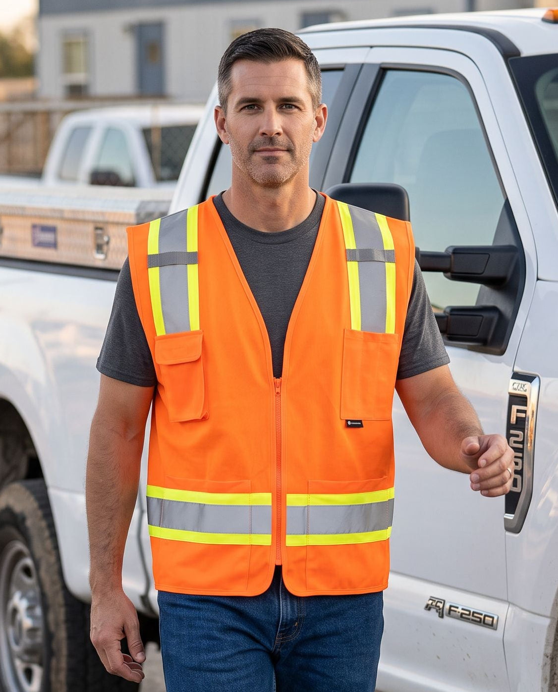 ANSI Class 2 two-tone hi-vis surveyor's safety vest with solid front and mesh back