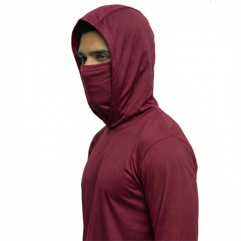 Long Sleeve Hooded Work Shirt with Built-In Face Mask – Sun Protection Unisex Workwear