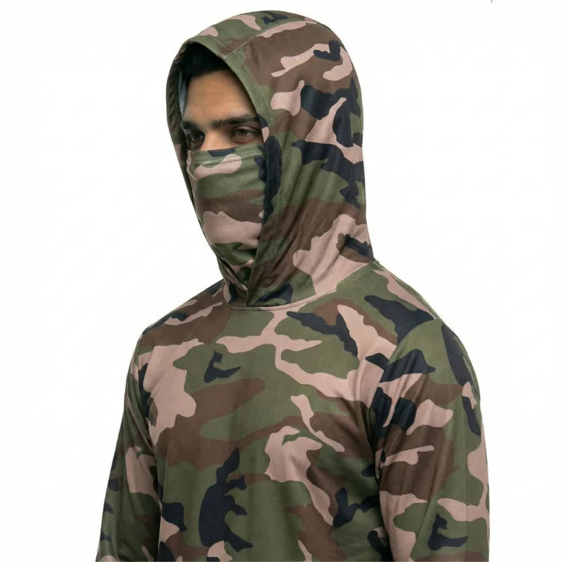 Long Sleeve Hooded Work Shirt with Built-In Face Mask – Sun Protection Unisex Workwear