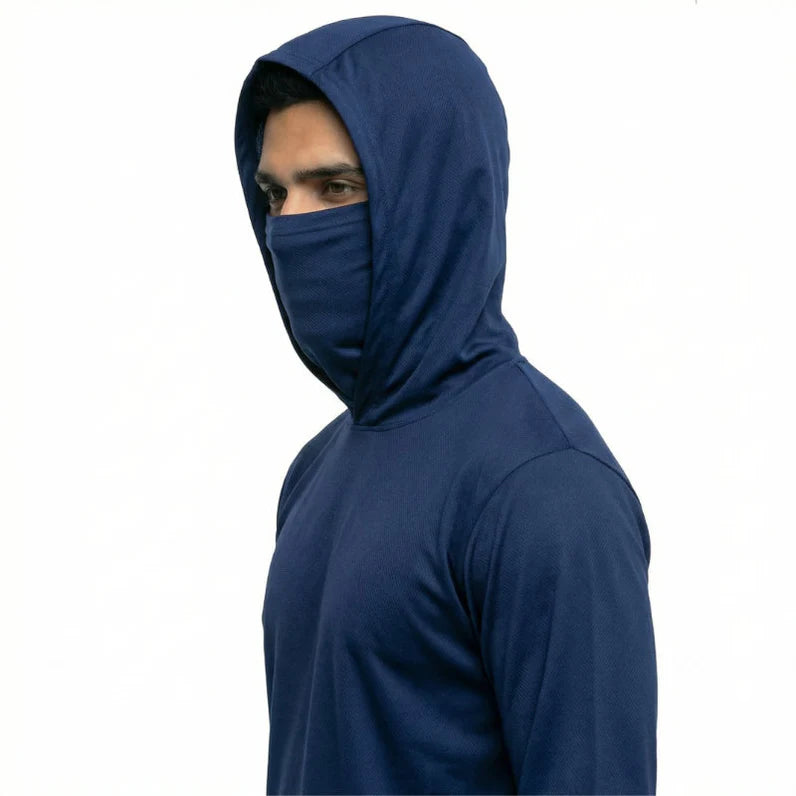 Long Sleeve Hooded Work Shirt with Built-In Face Mask – Sun Protection Unisex Workwear