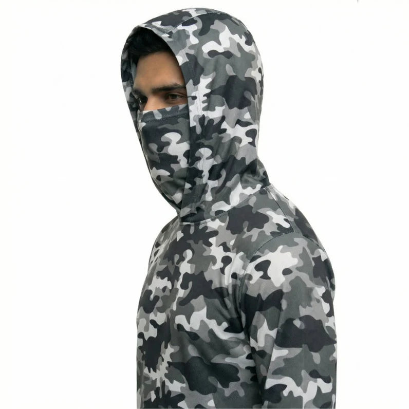 Long Sleeve Hooded Work Shirt with Built-In Face Mask – Sun Protection Unisex Workwear