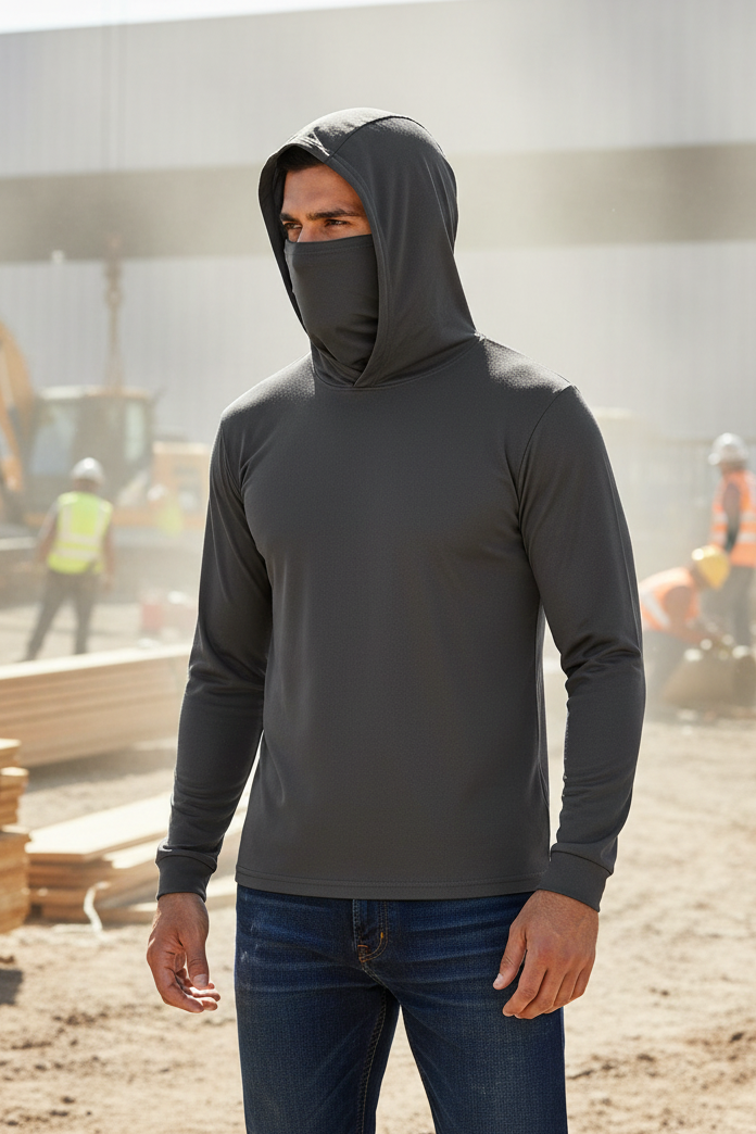 Charcoal Hooded Work Shirt with Mask – Lifestyle