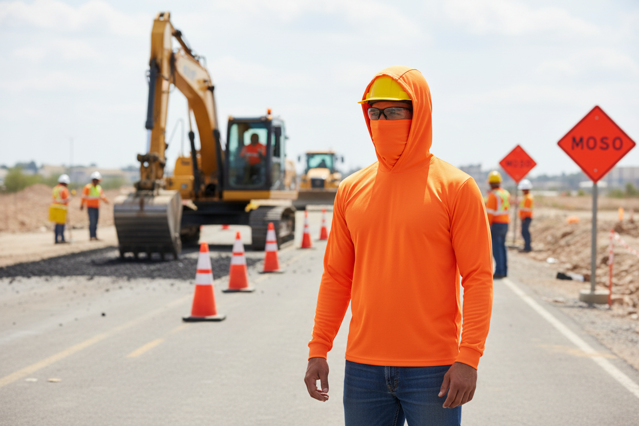 Long Sleeve Hooded Work Shirt with Built-In Face Mask – Sun Protection Unisex Workwear