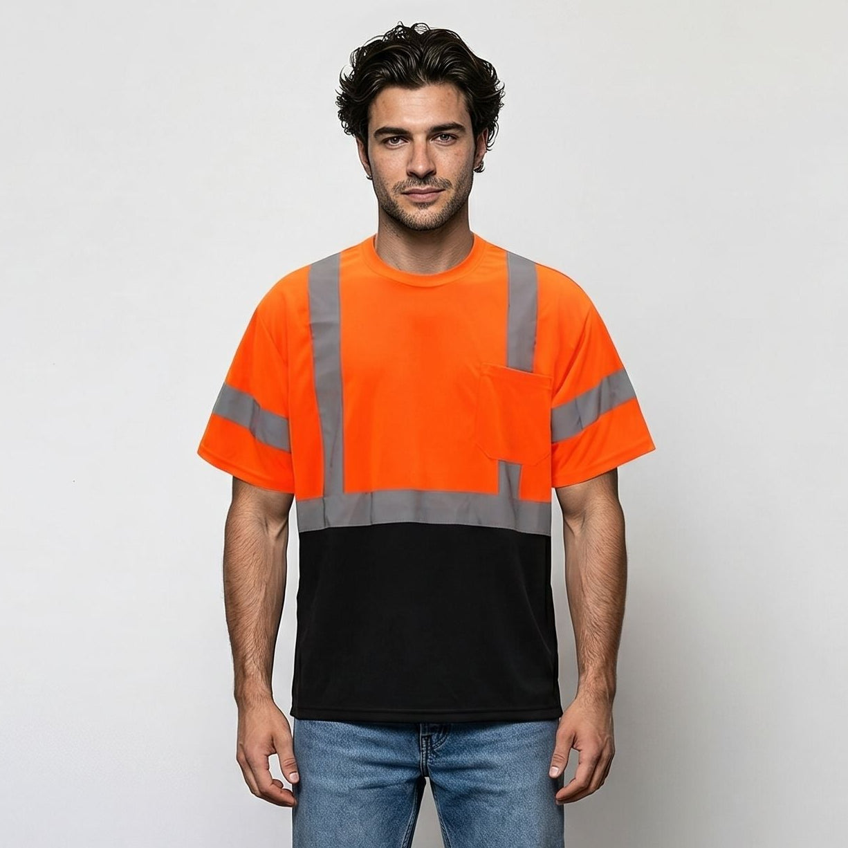 ANSI hi-vis orange and black color block reflective safety t-shirt with front pocket