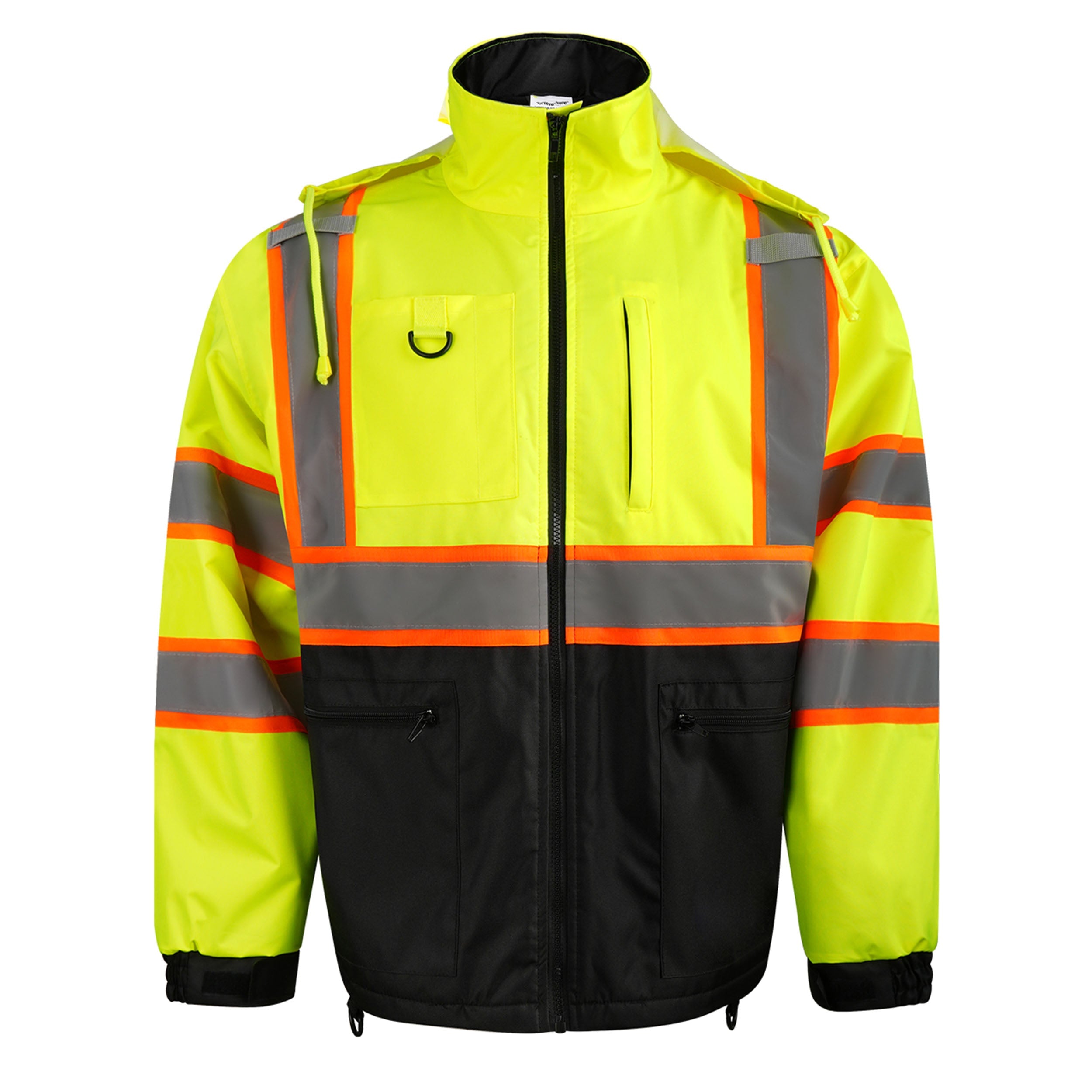 ANSI Class 3 hi-vis double strip zip-up jacket with hood for cold weather job site work