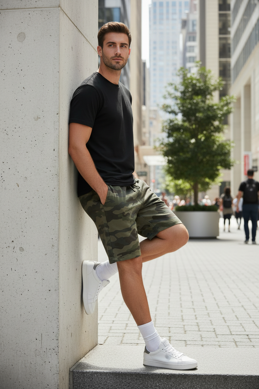 Midweight fleece work shorts in camo paired with a black cotton tee