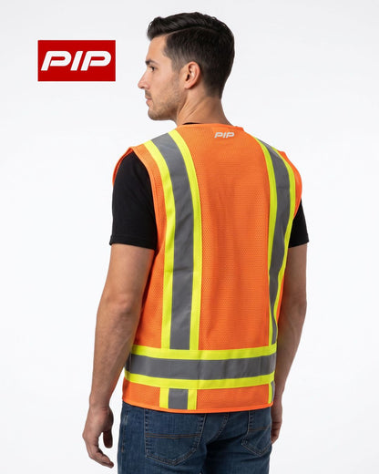 PIP® ANSI Type R Class 2 Two-Tone Eleven Pocket Surveyors Vest – Solid Front/Mesh Back