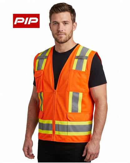 PIP® ANSI Type R Class 2 Two-Tone Eleven Pocket Surveyors Vest – Solid Front/Mesh Back