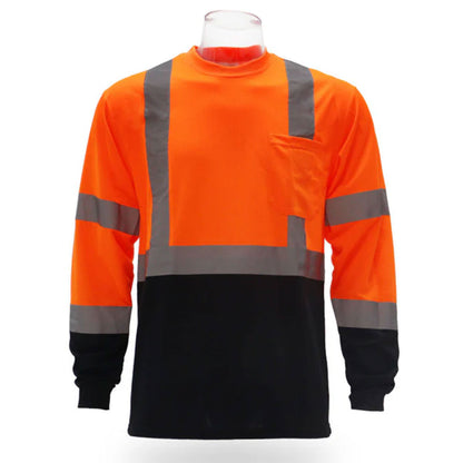 High Visibility Safety Color Block Long Sleeve T-Shirt with Front Pocket – Reflective Workwear for Enhanced Safety