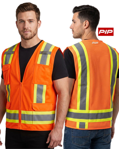 PIP® ANSI Type R Class 2 Two-Tone Eleven Pocket Surveyors Vest – Solid Front/Mesh Back