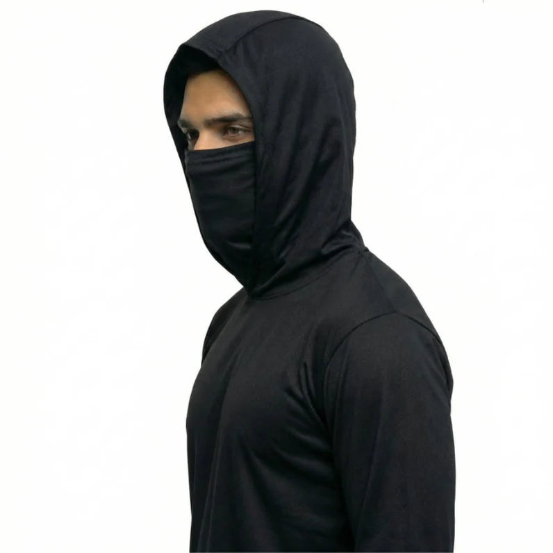 Long Sleeve Hooded Work Shirt with Built-In Face Mask – Sun Protection Unisex Workwear