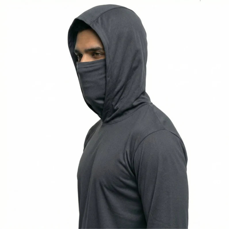 Long Sleeve Hooded Work Shirt with Built-In Face Mask – Sun Protection Unisex Workwear