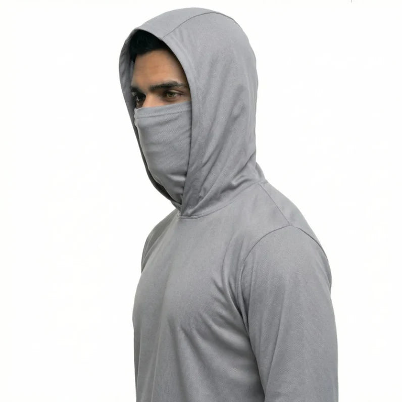 Long Sleeve Hooded Work Shirt with Built-In Face Mask – Sun Protection Unisex Workwear