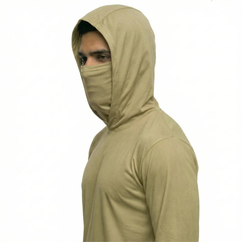 Long Sleeve Hooded Work Shirt with Built-In Face Mask – Sun Protection Unisex Workwear