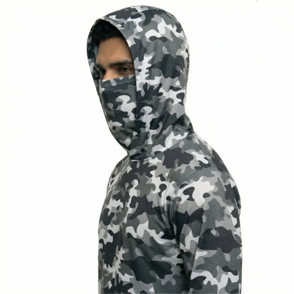 Long Sleeve Hooded Work Shirt with Built-In Face Mask – Sun Protection Unisex Workwear