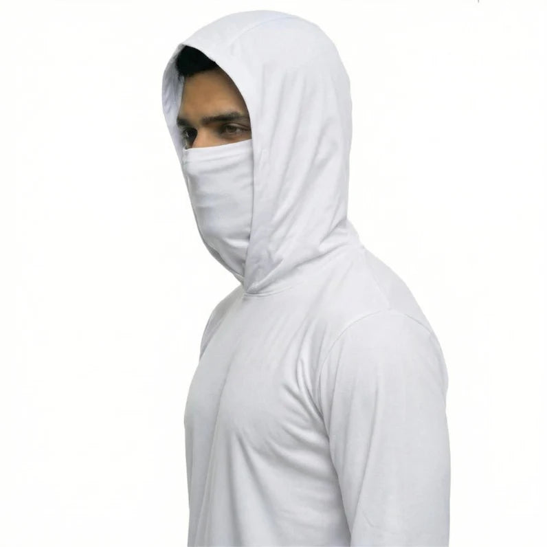 Long Sleeve Hooded Work Shirt with Built-In Face Mask – Sun Protection Unisex Workwear