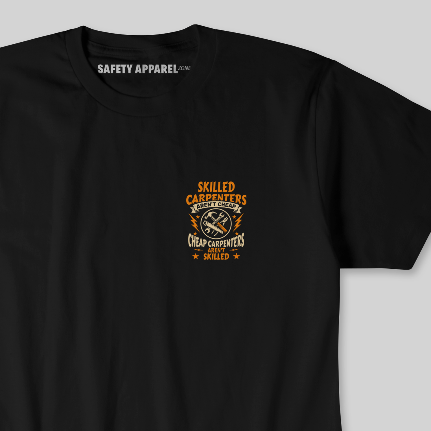 Black t-shirt with a logo on the chest against a gray background