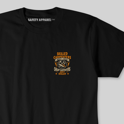 Black t-shirt with a logo on the chest against a gray background
