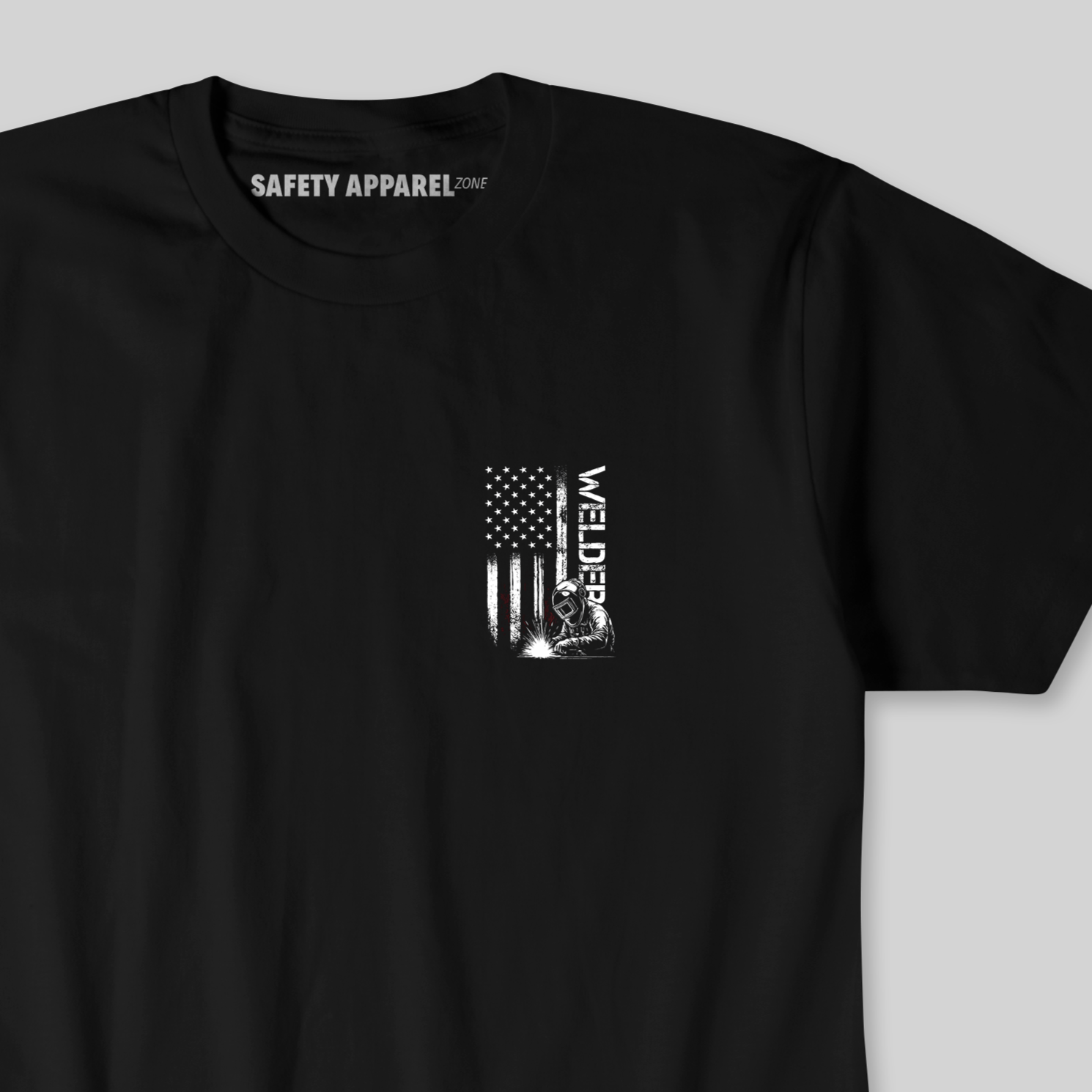 Black t-shirt with a welder on the chest and usa flag