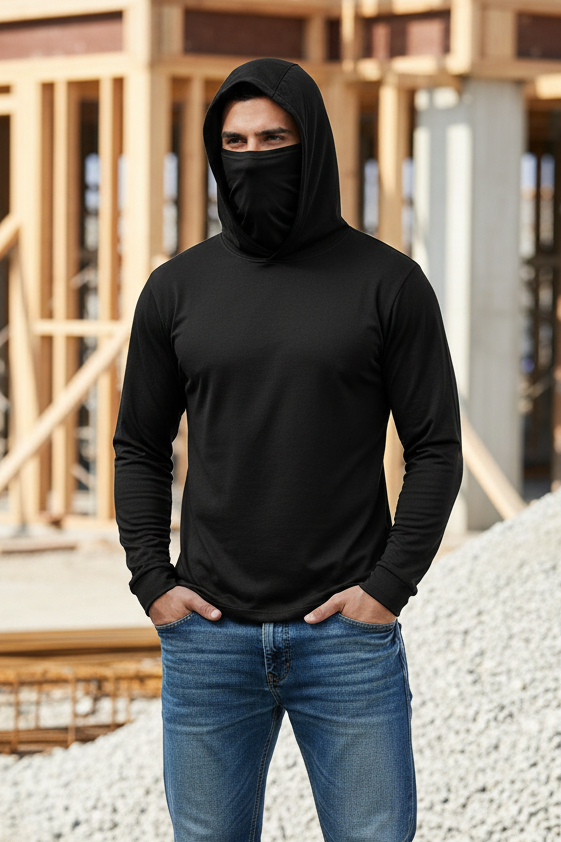 Black Hooded Work Shirt with Mask – Lifestyle