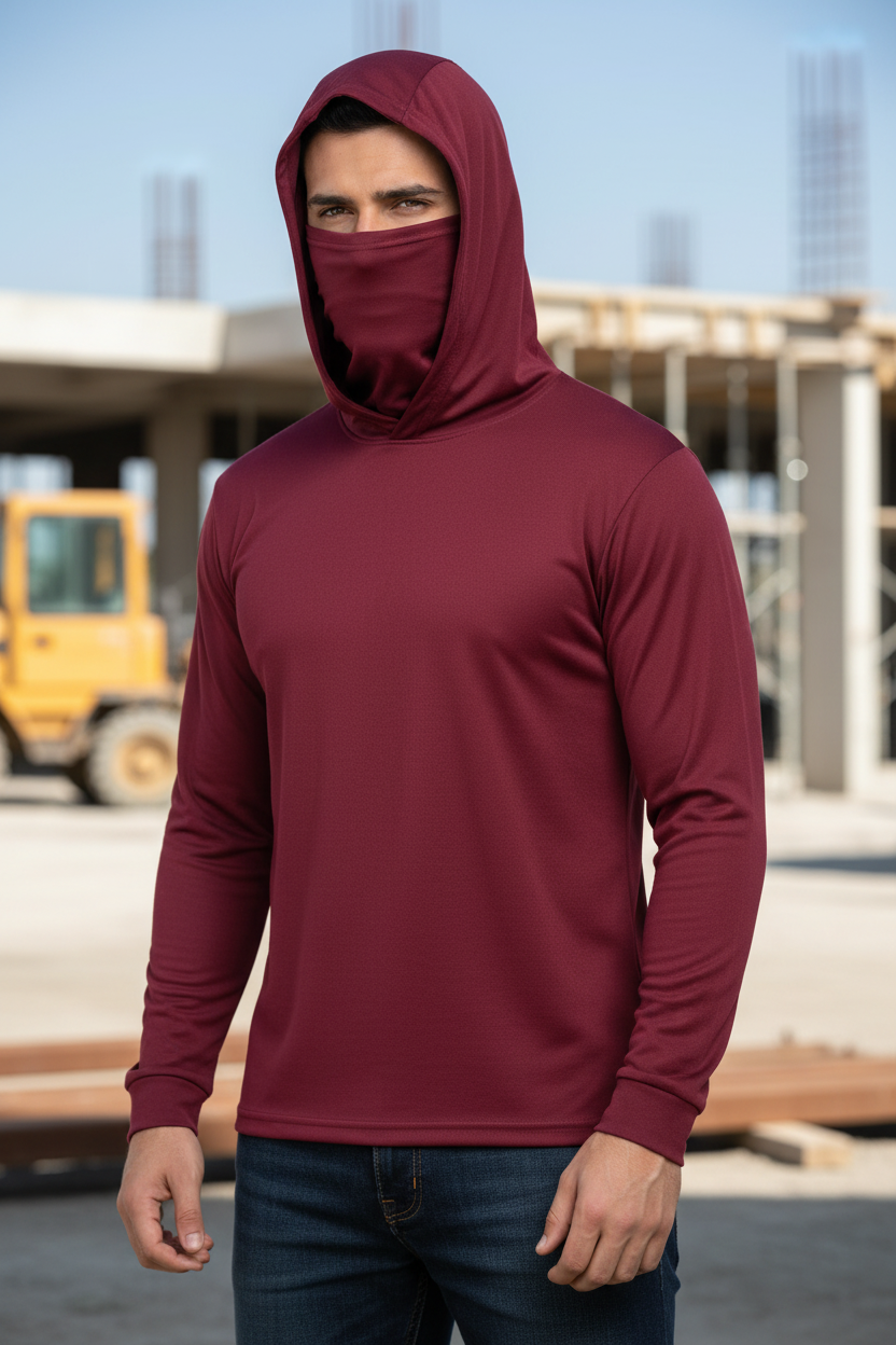 Burgundy Hooded Work Shirt with Mask – Lifestyle