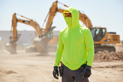 Long Sleeve Hooded Work Shirt with Built-In Face Mask – Sun Protection Unisex Workwear