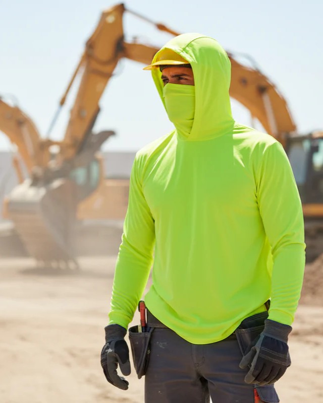 Long Sleeve Hooded Work Shirt with Built-In Face Mask – Hi-Vis Colors