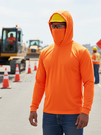 Long Sleeve Hooded Work Shirt with Built-In Face Mask – Hi-Vis Colors
