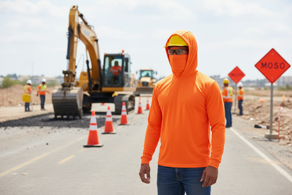 Long Sleeve Hooded Work Shirt with Built-In Face Mask – Sun Protection Unisex Workwear