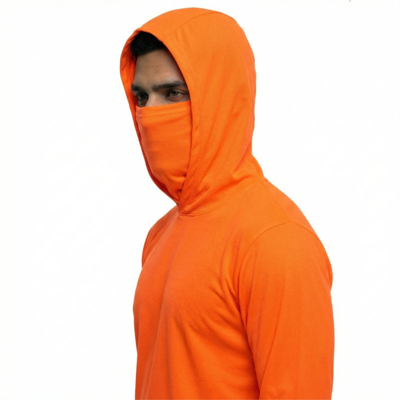 Long Sleeve Hooded Work Shirt with Built-In Face Mask – Sun Protection Unisex Workwear