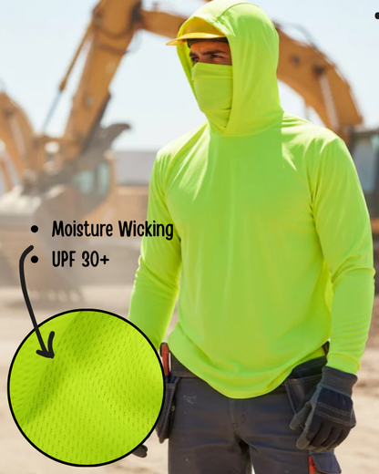 Long Sleeve Hooded Work Shirt with Built-In Face Mask – Hi-Vis Colors