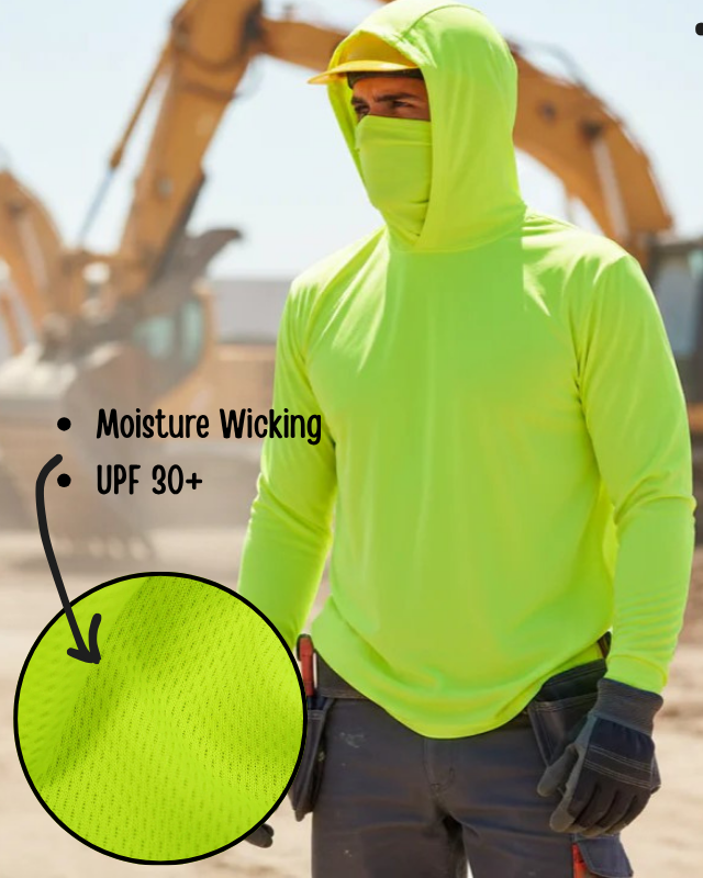 Long Sleeve Hooded Work Shirt with Built-In Face Mask – Hi-Vis Colors